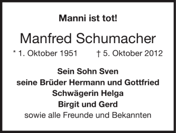 Traueranzeige von Manfred Schumacher von Super Sonntag / Super Mittwoch