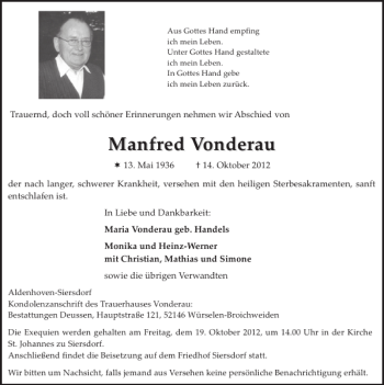 Traueranzeige von Manfred Vonderau von Super Sonntag / Super Mittwoch