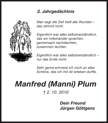 Traueranzeige von Manfred Manni Plum von Super Sonntag / Super Mittwoch