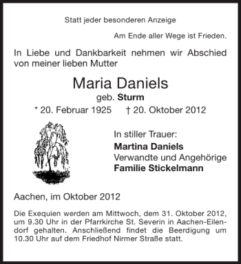 Traueranzeige von Maria Daniels von Aachener Zeitung / Aachener Nachrichten