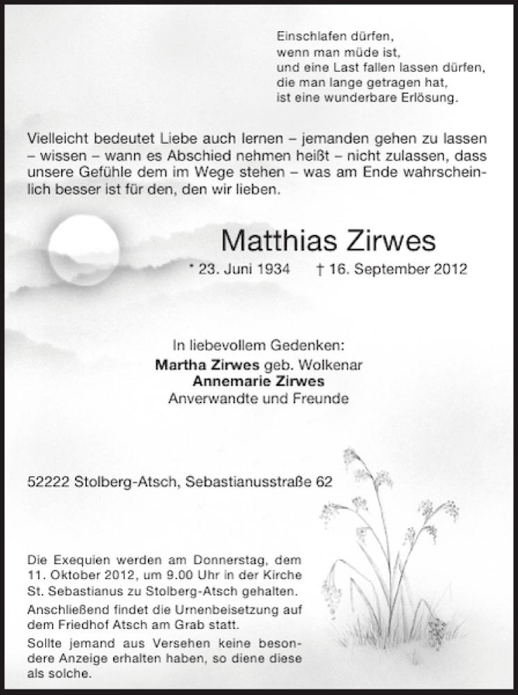  Traueranzeige für Matthias Zirwes vom 07.10.2012 aus Super Sonntag / Super Mittwoch