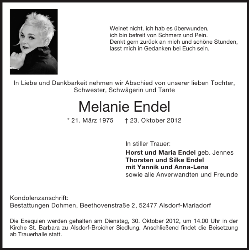  Traueranzeige für Melanie Endel vom 28.10.2012 aus Super Sonntag / Super Mittwoch