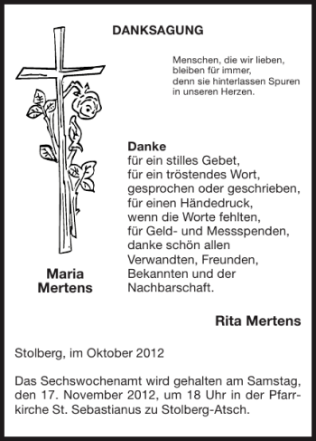 Traueranzeige von Rita Mertens Maria Mertens von Super Sonntag / Super Mittwoch
