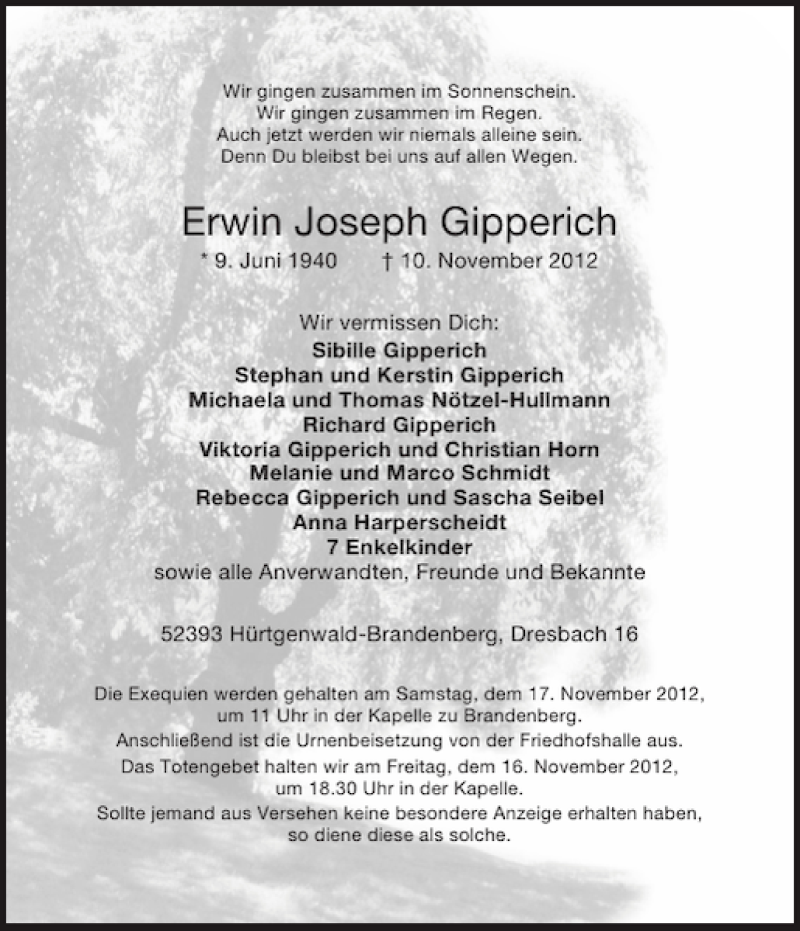  Traueranzeige für Erwin Joseph Gipperich vom 14.11.2012 aus Aachener Zeitung / Aachener Nachrichten