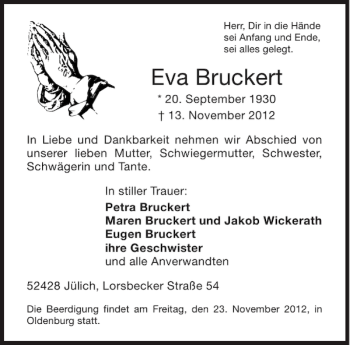Traueranzeige von Eva Bruckert von Aachener Zeitung / Aachener Nachrichten