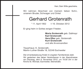 Traueranzeige von Gerhard Grotenrath von Super Sonntag / Super Mittwoch