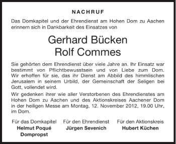 Traueranzeige von Gerhard Bücken Rolf Commes von Aachener Zeitung / Aachener Nachrichten