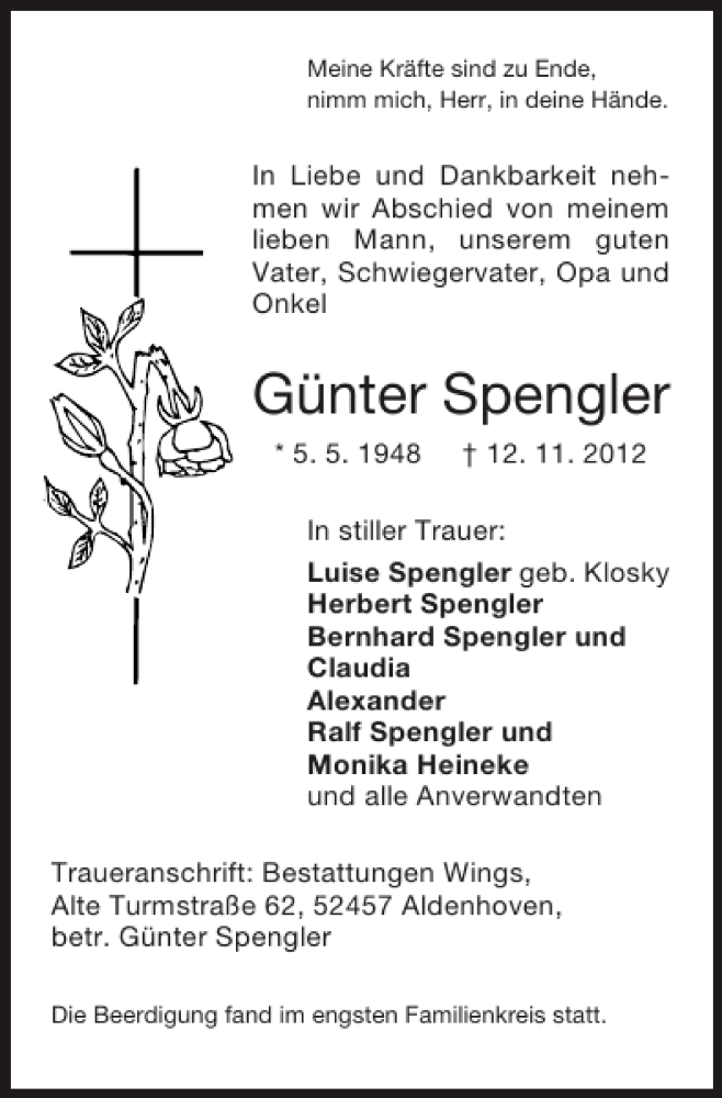  Traueranzeige für Günter Spengler vom 18.11.2012 aus Super Sonntag / Super Mittwoch