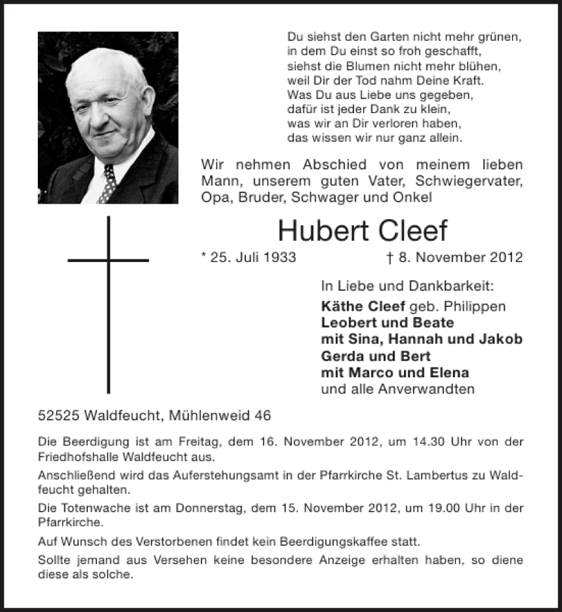  Traueranzeige für Hubert Cleef vom 10.11.2012 aus Aachener Zeitung / Aachener Nachrichten
