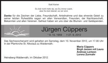 Traueranzeige von Jürgen Cüppers von Super Sonntag / Super Mittwoch