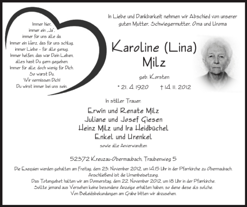  Traueranzeige für Karoline Lina Milz vom 18.11.2012 aus Super Sonntag / Super Mittwoch