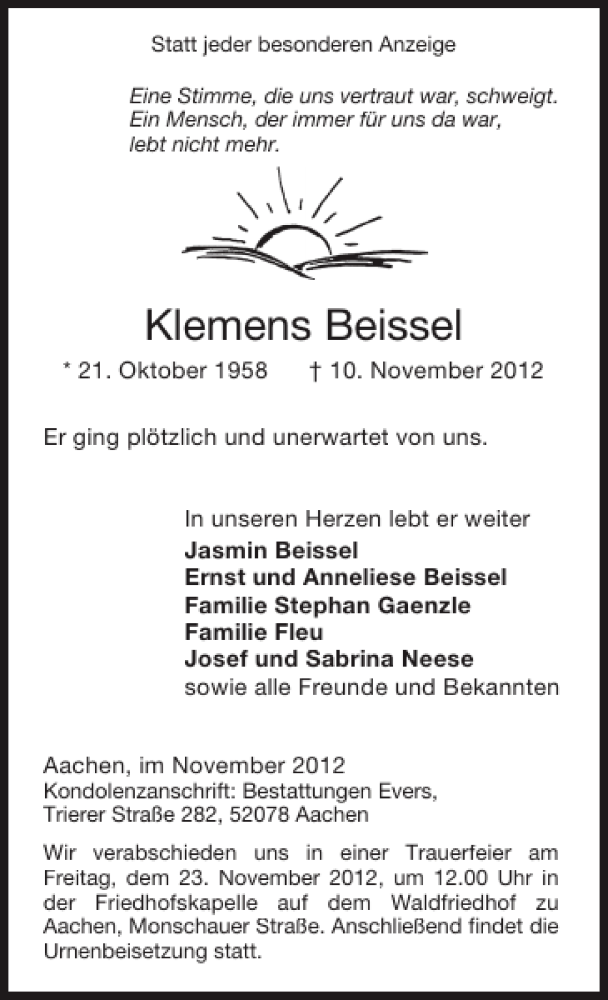  Traueranzeige für Klemens Beissel vom 18.11.2012 aus Super Sonntag / Super Mittwoch