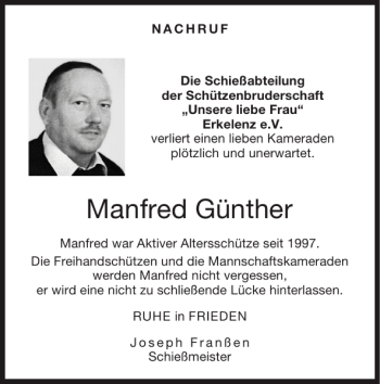 Traueranzeige von Manfred Günther von Super Sonntag / Super Mittwoch