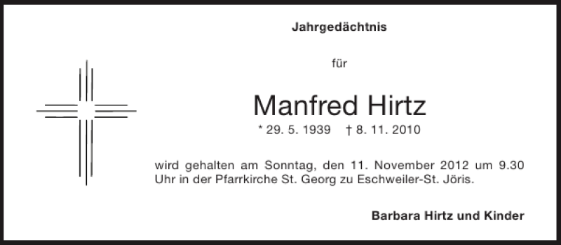  Traueranzeige für Manfred Hirtz vom 08.11.2012 aus Aachener Zeitung / Aachener Nachrichten