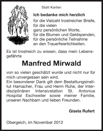 Traueranzeige von Manfred Mirwald von Super Sonntag / Super Mittwoch