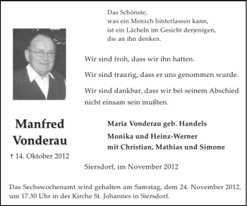 Traueranzeige von Manfred Vonderau von Super Sonntag / Super Mittwoch
