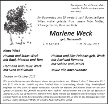 Traueranzeige von Marlene Weck von Super Sonntag / Super Mittwoch