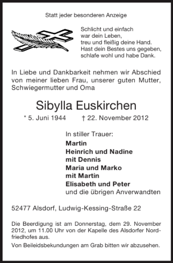 Traueranzeige von Sibylla Euskirchen von Super Sonntag / Super Mittwoch