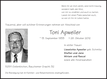 Traueranzeige von Toni Apweiler von Super Sonntag / Super Mittwoch