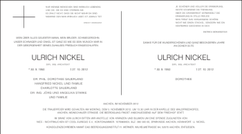 Traueranzeige von ULRICH NICKEL ULRICH NICKEL von Aachener Zeitung / Aachener Nachrichten