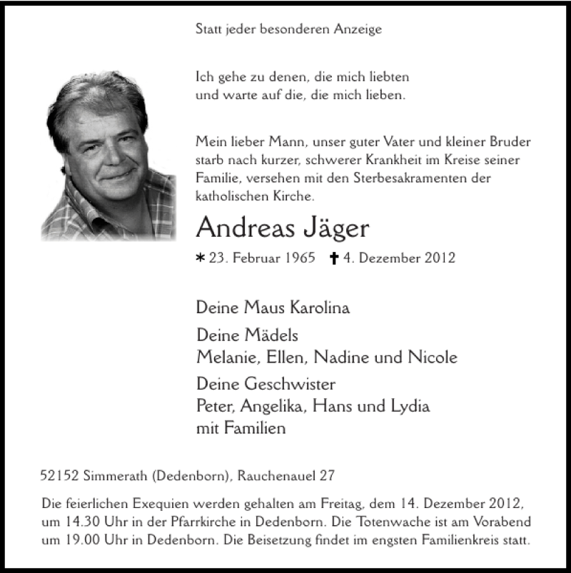  Traueranzeige für Andreas Jäger vom 09.12.2012 aus Super Sonntag / Super Mittwoch