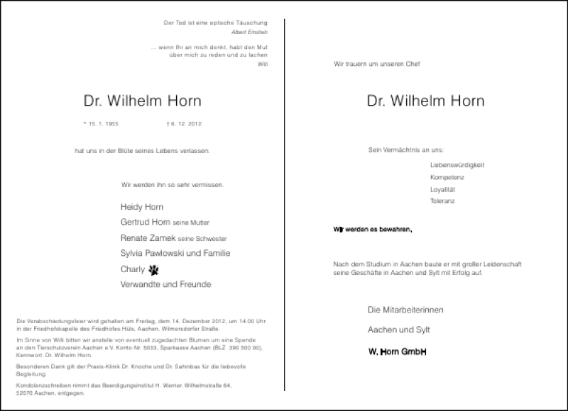 Traueranzeige für Dr. Wilhelm Horn vom 12.12.2012 aus Aachener Zeitung / Aachener Nachrichten