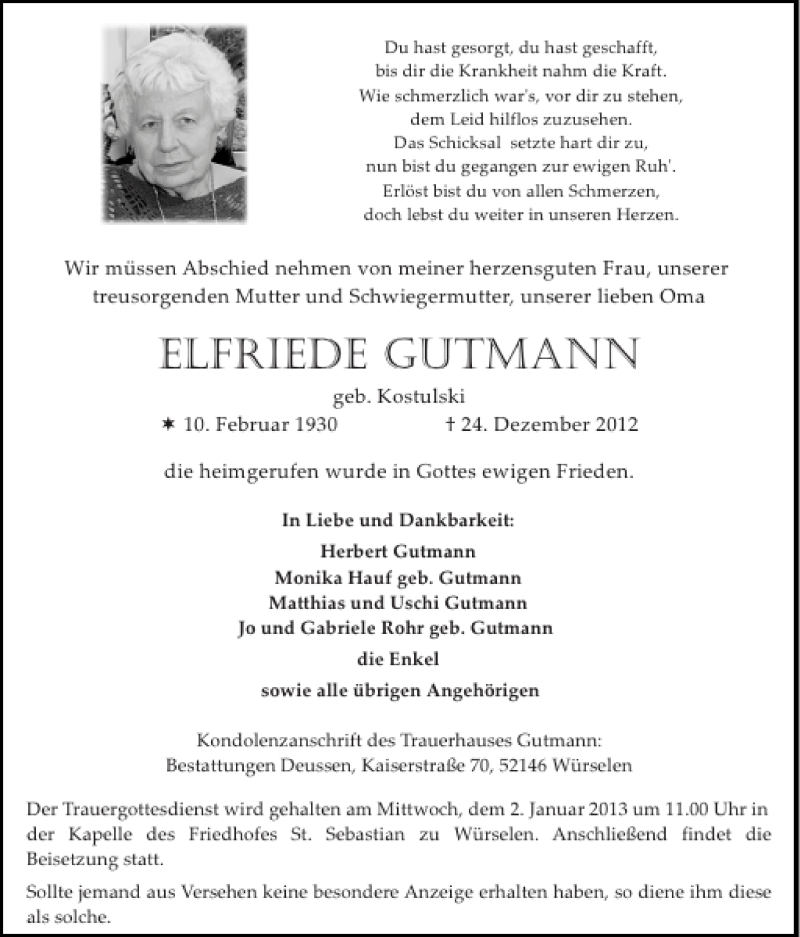  Traueranzeige für ELFRIEDE GUTMANN vom 30.12.2012 aus Super Sonntag / Super Mittwoch