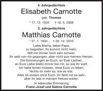 Traueranzeige von Elisabeth Carnotte Matthias Carnotte von Super Sonntag / Super Mittwoch