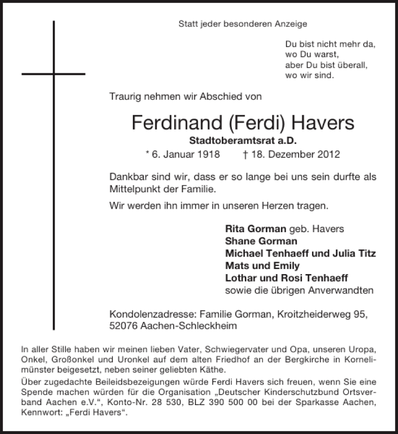 Traueranzeigen von Ferdinand Ferdi Havers | Aachen gedenkt