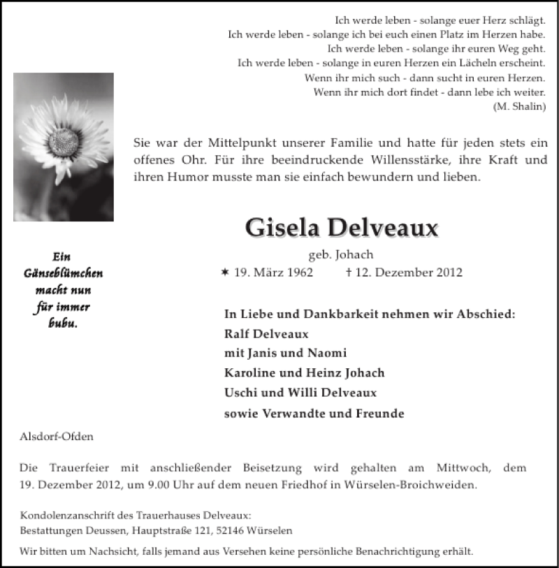  Traueranzeige für Gisela Delveaux vom 15.12.2012 aus Aachener Zeitung / Aachener Nachrichten