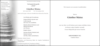 Traueranzeige von Günther Mainz von Super Sonntag / Super Mittwoch