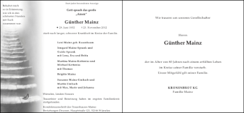 Traueranzeige von Günther Mainz von Super Sonntag / Super Mittwoch