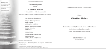 Traueranzeige von Günther Mainz von Aachener Zeitung / Aachener Nachrichten