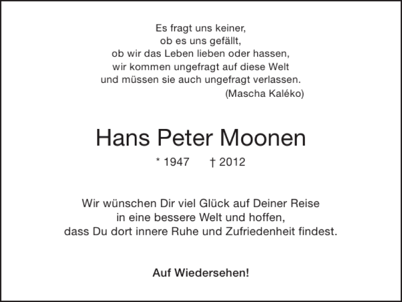  Traueranzeige für Hans Peter Moonen vom 23.12.2012 aus Super Sonntag / Super Mittwoch
