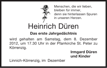 Traueranzeige von Heinrich Düren von Super Sonntag / Super Mittwoch