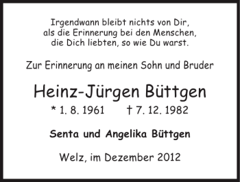 Traueranzeige von Heinz-Jürgen Büttgen von Super Sonntag / Super Mittwoch