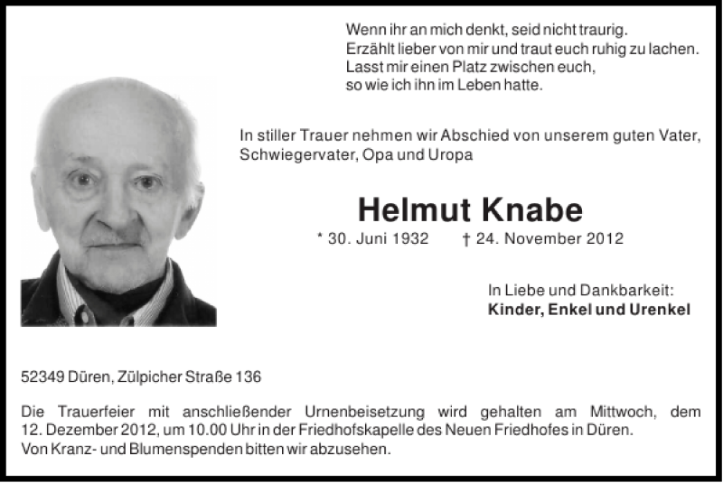  Traueranzeige für Helmut Knabe vom 09.12.2012 aus Super Sonntag / Super Mittwoch