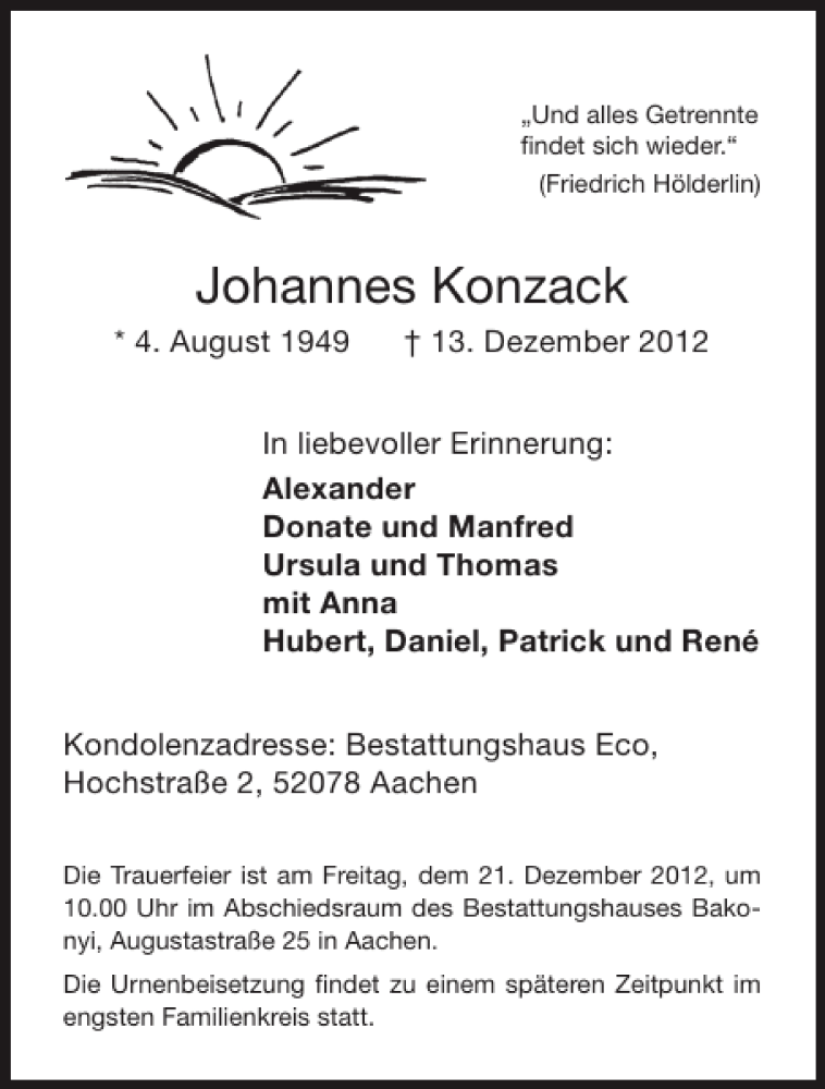  Traueranzeige für Johannes Konzack vom 15.12.2012 aus Aachener Zeitung / Aachener Nachrichten
