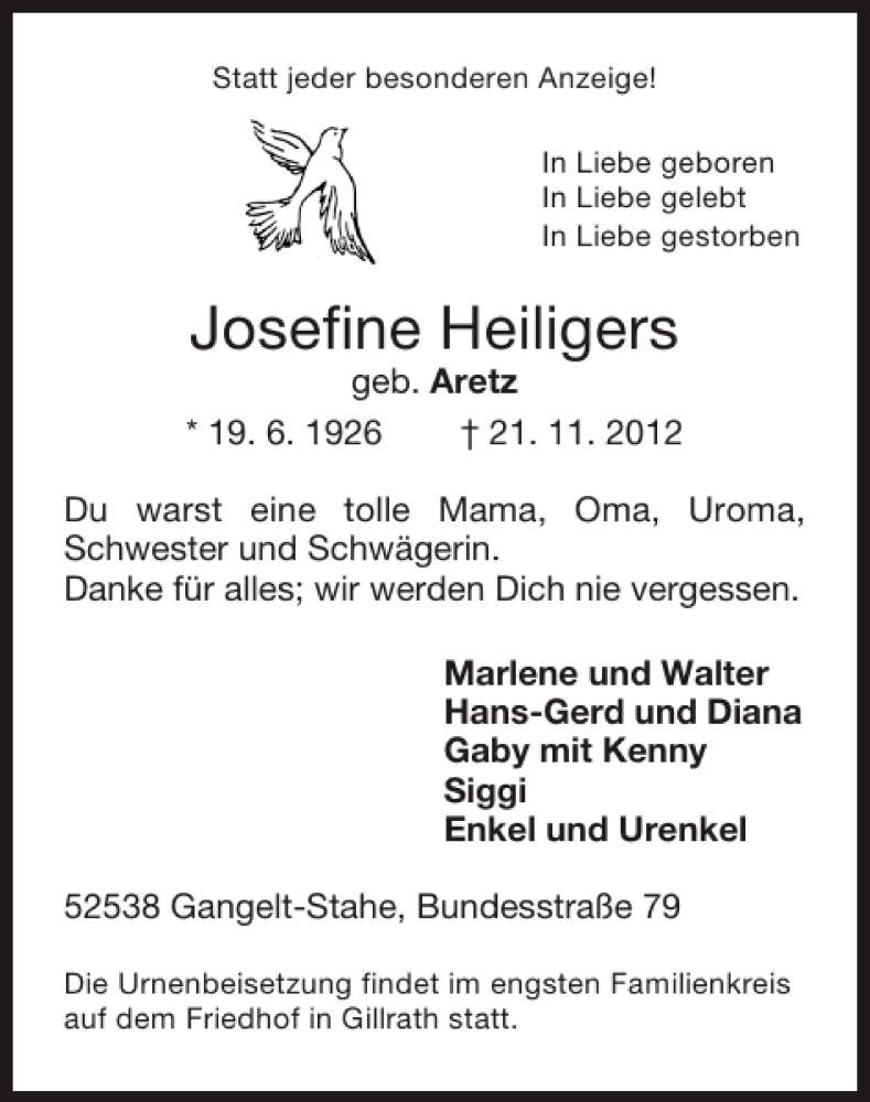  Traueranzeige für Josefine Heiligers vom 02.12.2012 aus Super Sonntag / Super Mittwoch