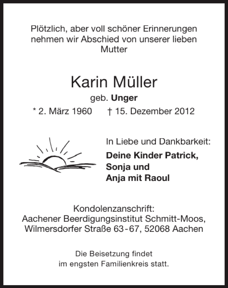  Traueranzeige für Karin Müller vom 19.12.2012 aus Super Sonntag / Super Mittwoch