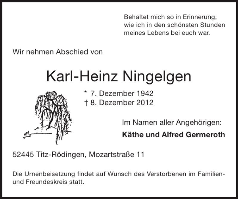  Traueranzeige für Karl-Heinz Ningelgen vom 16.12.2012 aus Super Sonntag / Super Mittwoch