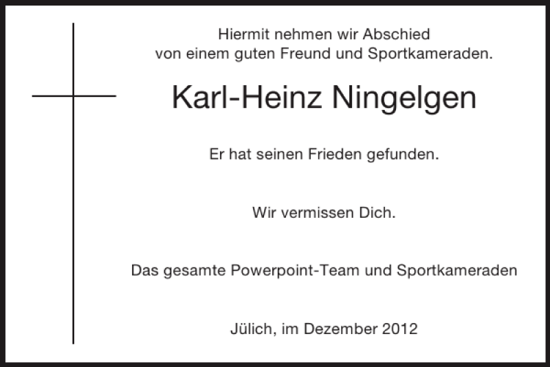  Traueranzeige für Karl-Heinz Ningelgen vom 16.12.2012 aus Super Sonntag / Super Mittwoch