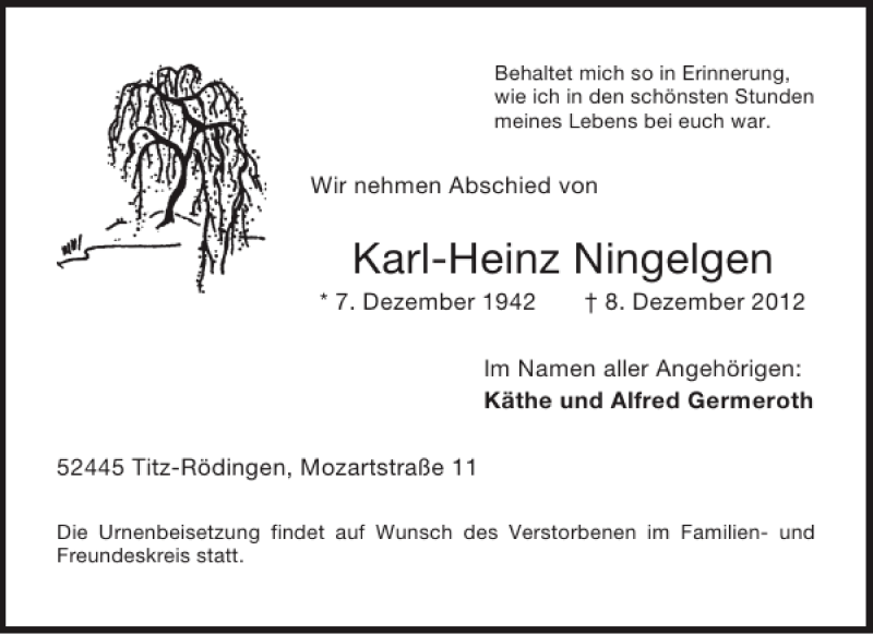  Traueranzeige für Karl-Heinz Ningelgen vom 15.12.2012 aus Aachener Zeitung / Aachener Nachrichten