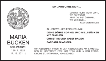 Traueranzeige von MARIA BÜCKEN von Aachener Zeitung / Aachener Nachrichten