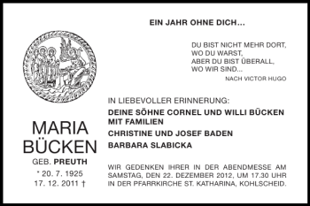 Traueranzeige von MARIA BÜCKEN von Super Sonntag / Super Mittwoch