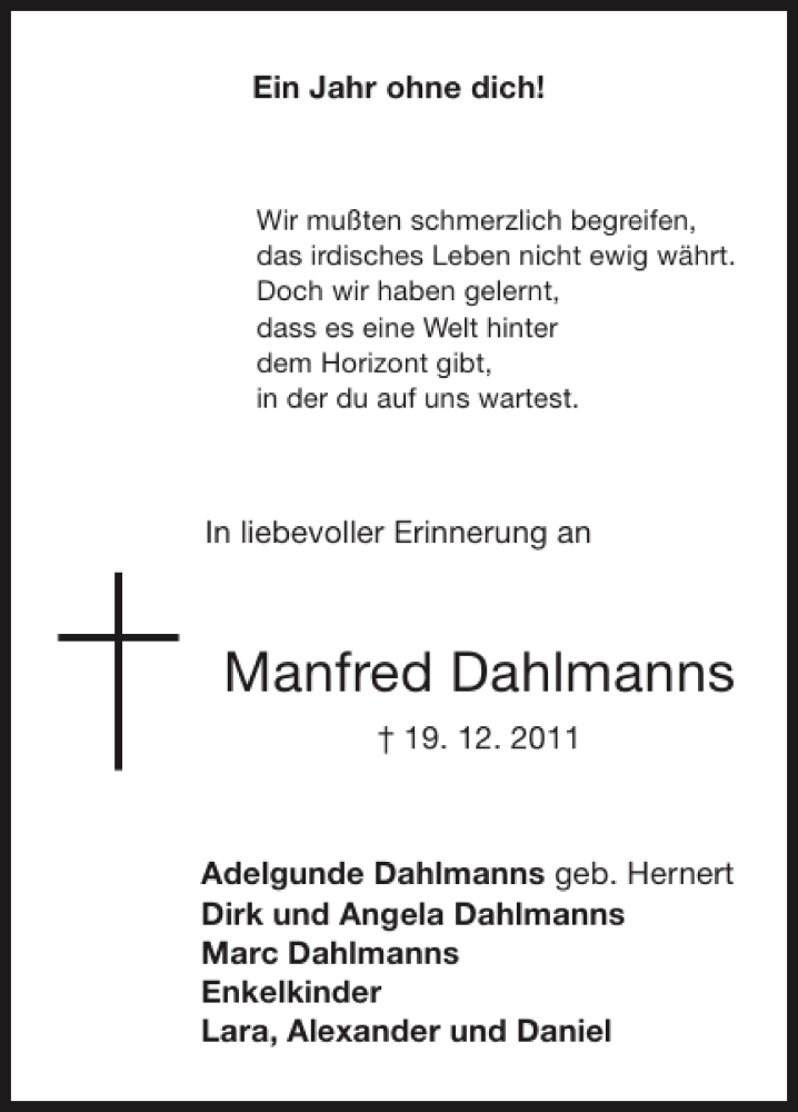  Traueranzeige für Manfred Dahlmanns vom 19.12.2012 aus Super Sonntag / Super Mittwoch