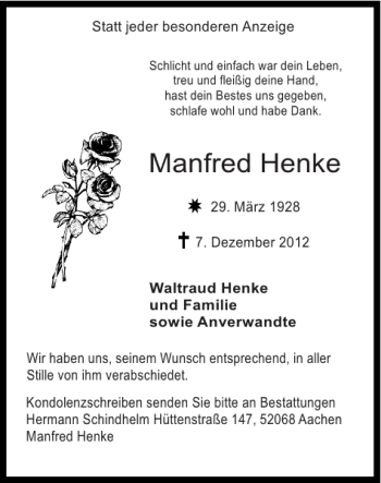 Traueranzeige von Manfred Henke von Super Sonntag / Super Mittwoch
