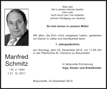 Traueranzeige von Manfred Schmitz von Super Sonntag / Super Mittwoch