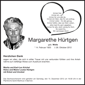 Traueranzeige von Margarethe Hürtgen von Super Sonntag / Super Mittwoch