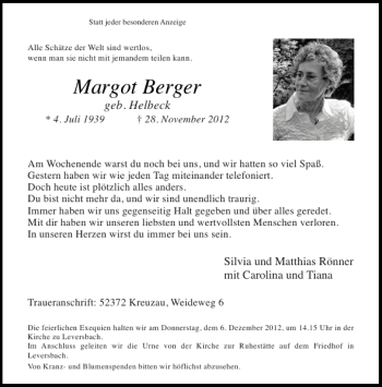 Traueranzeige von Margot Berger von Aachener Zeitung / Aachener Nachrichten